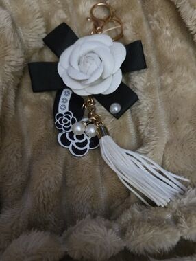 White Camellia Tassel Keychain with Black Bow NWOT